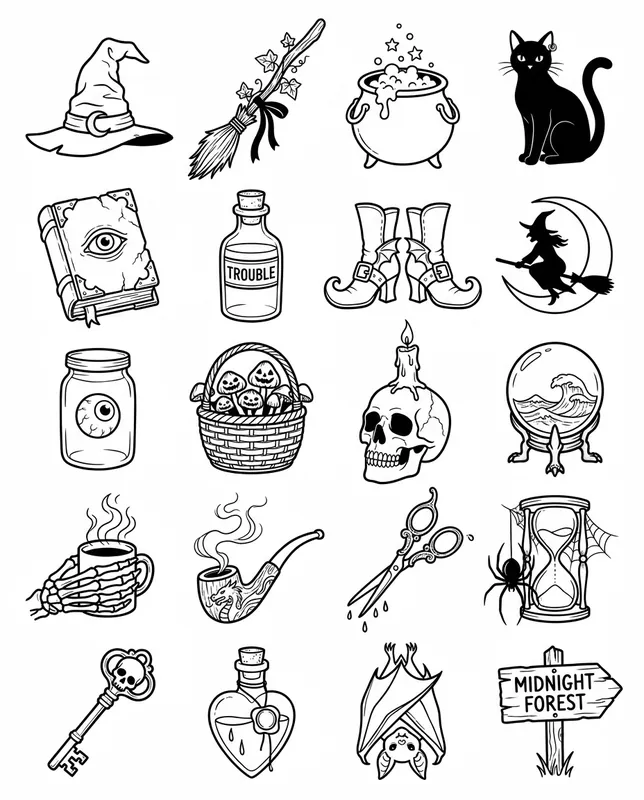 Witches tattoo flash sheet: 20 designs in black and white