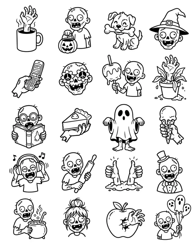 Zombies tattoo flash sheet: 20 designs in black and white